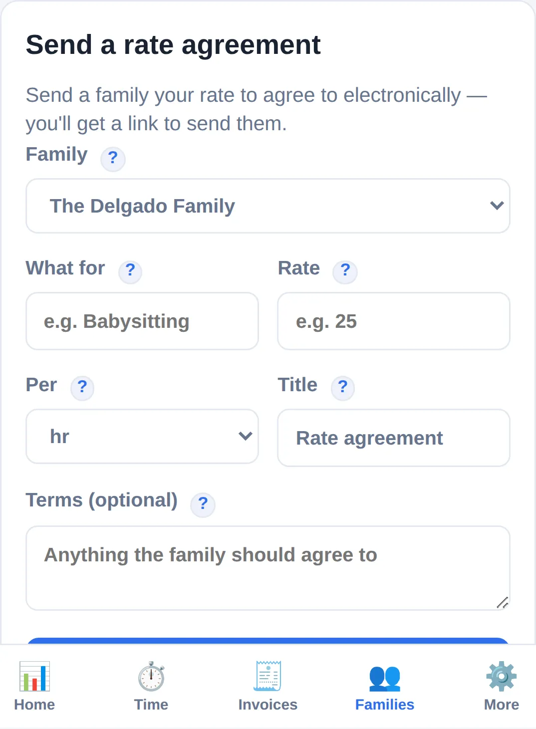 Track & Bill rate agreement form: family, what for, rate, and per hour, visit, or night