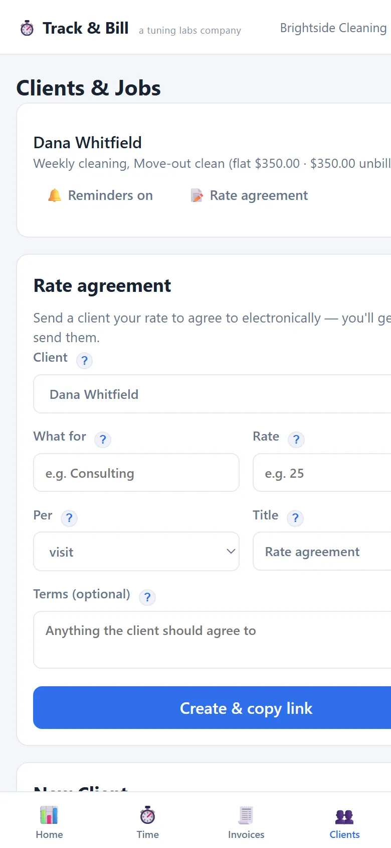 Track & Bill Clients screen for a house cleaning business, with a rate agreement form