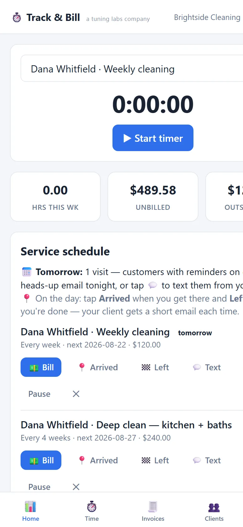 Track & Bill schedule on a phone: today's cleaning visits with Arrived, Left and Bill buttons