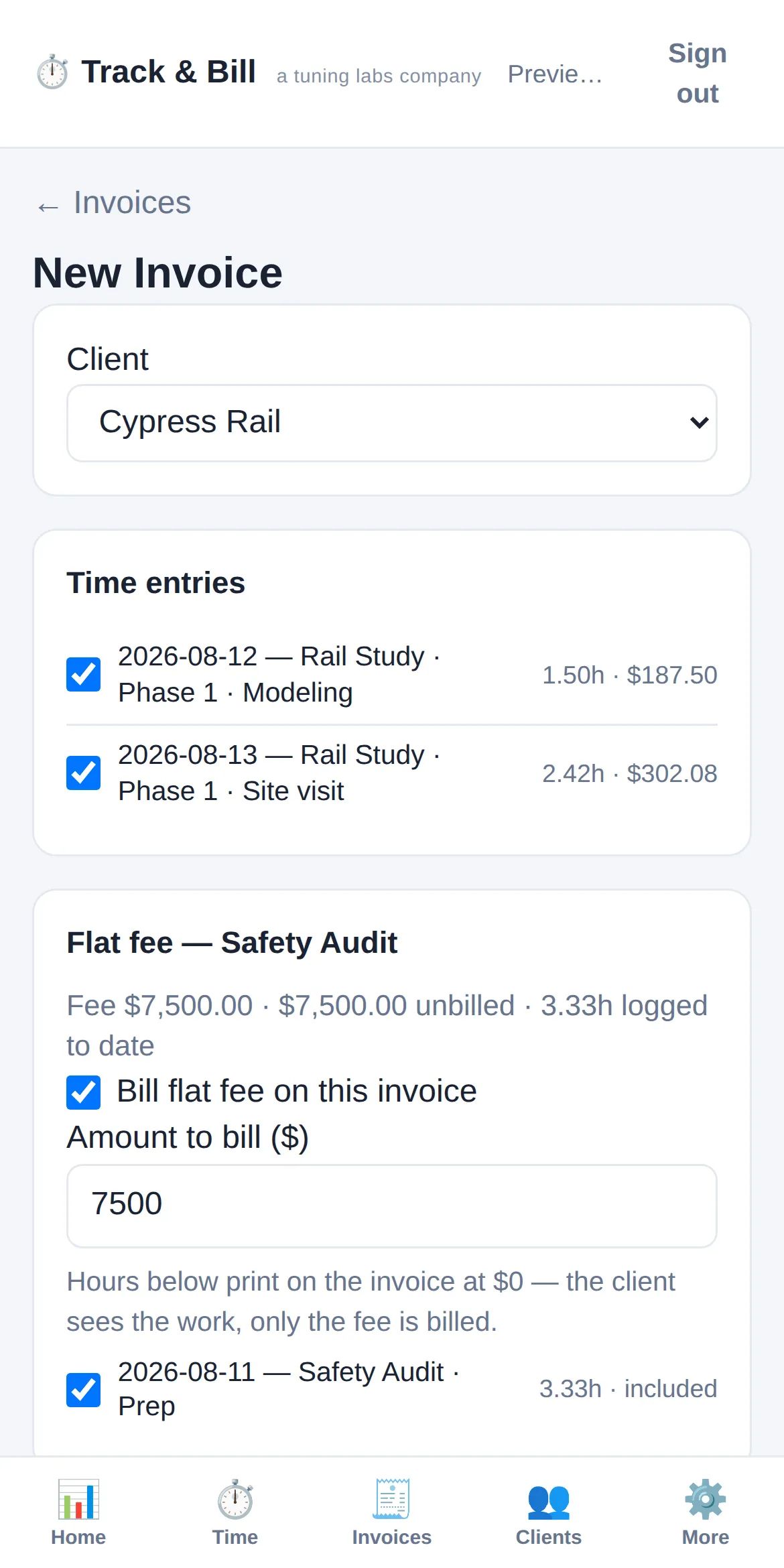 Track & Bill invoice wizard with unbilled entries pre-selected and a purchase order attached