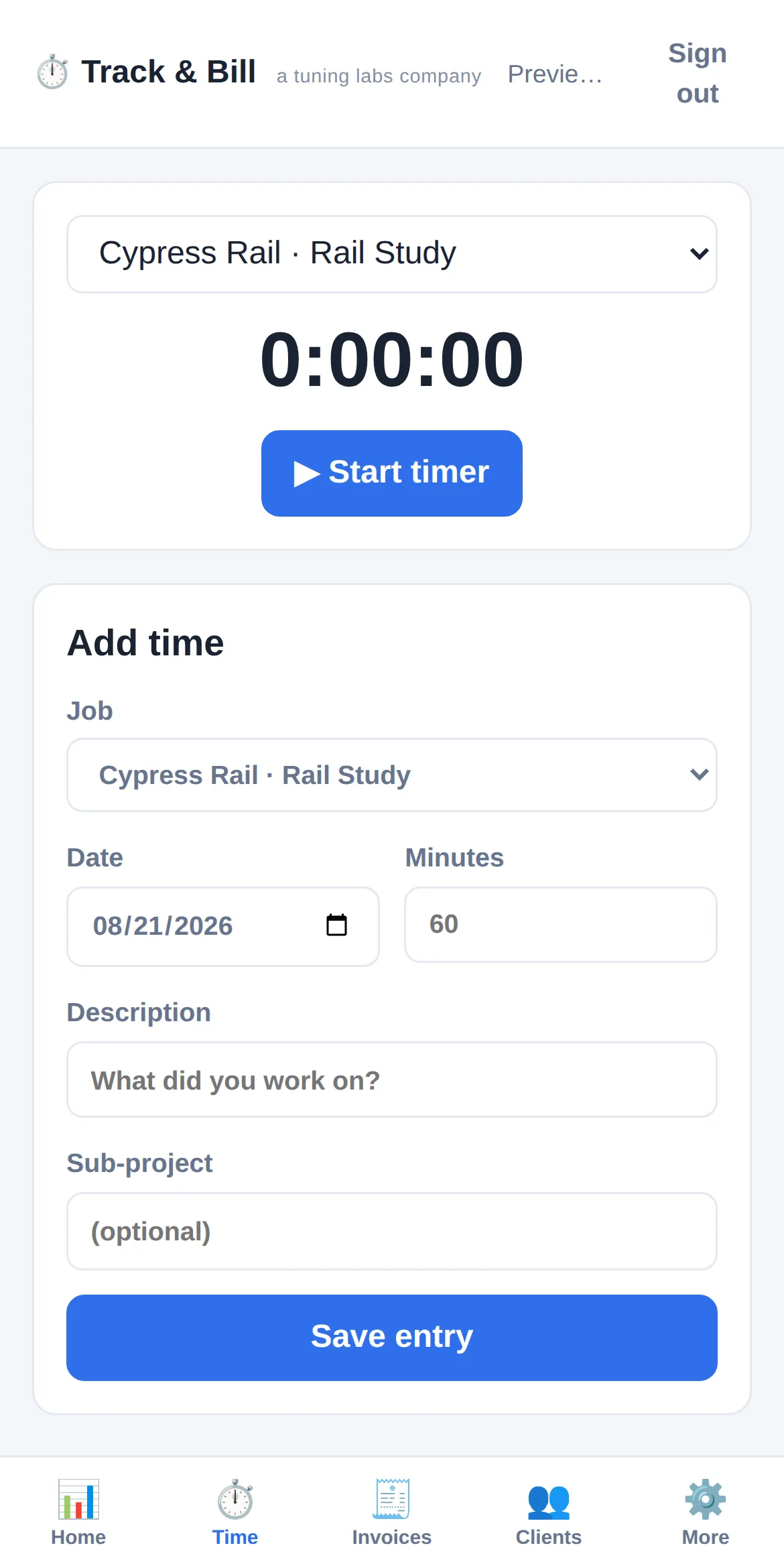 Track & Bill time screen on a phone with consulting entries and a running timer