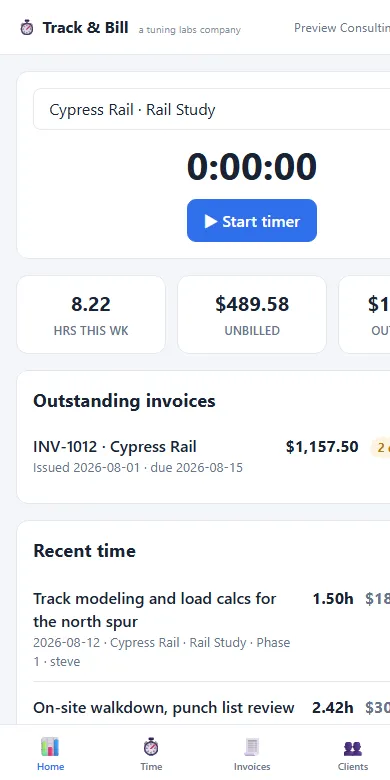 The Track & Bill dashboard: a running timer card, hours this week, unbilled value, and outstanding invoices.