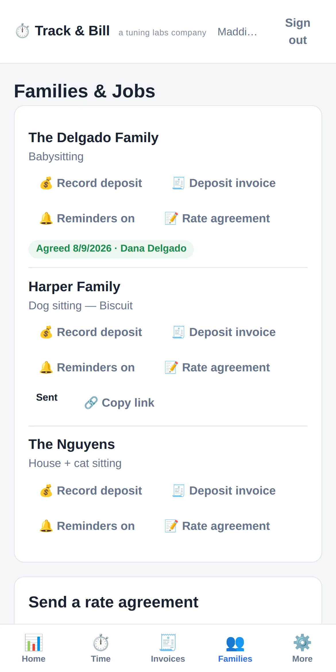 Track & Bill Families screen with a rate agreement marked Agreed and signed by the family