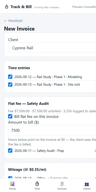 The Track & Bill invoice wizard, showing unbilled time entries pre-selected for a client.