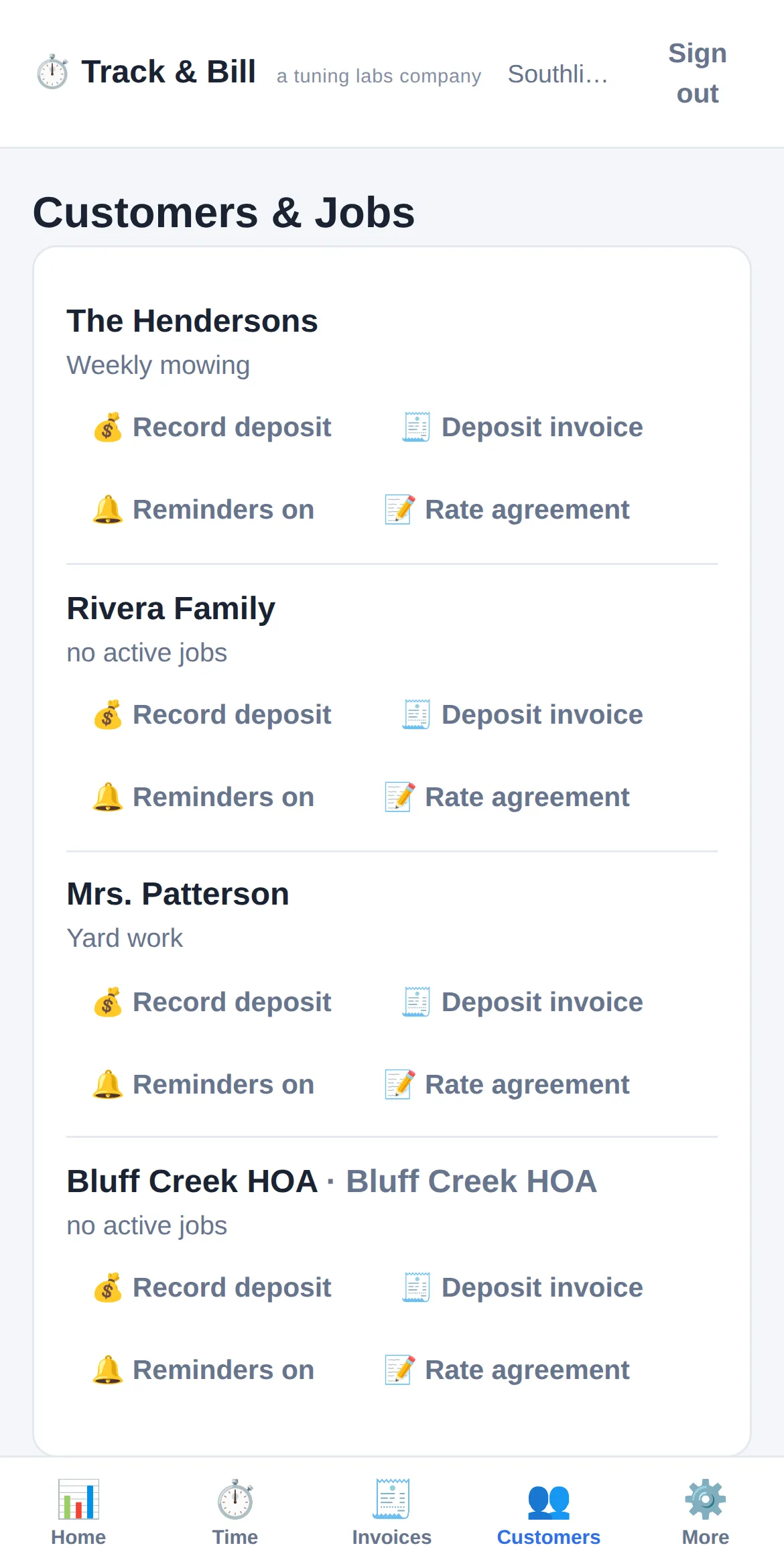 Track & Bill Customers screen for a lawn care business
