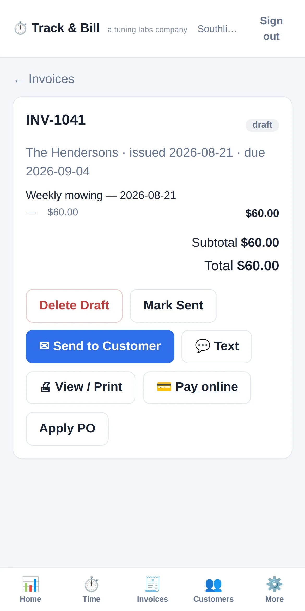 Track & Bill invoice created from a one-tap service bill, ready to send