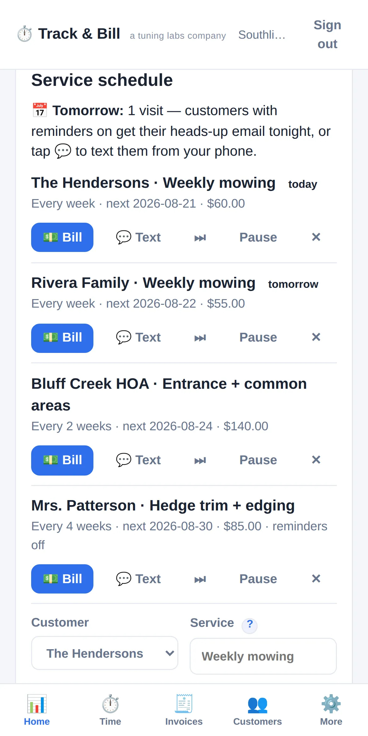 Track & Bill service schedule on a phone: tomorrow's visits, agreed fees, and one-tap Bill buttons