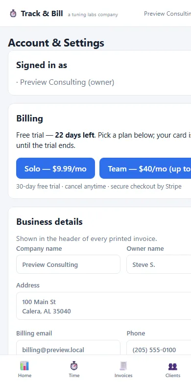 The Track & Bill More screen with import, export, backup, business details and billing cards.