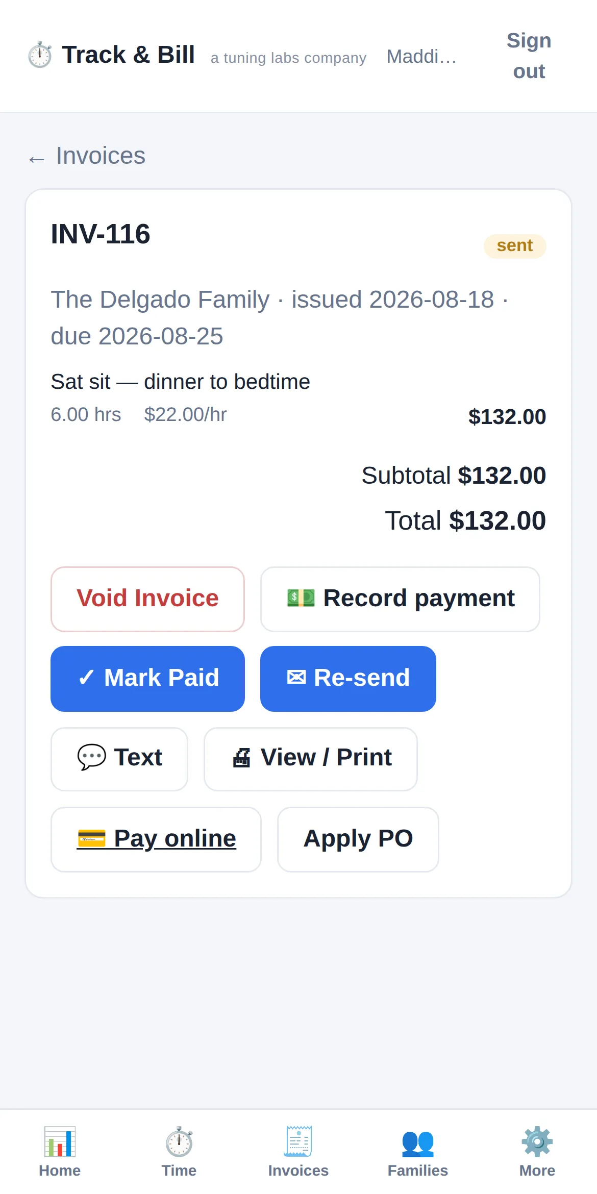 Track & Bill invoice detail showing status, total, and send options