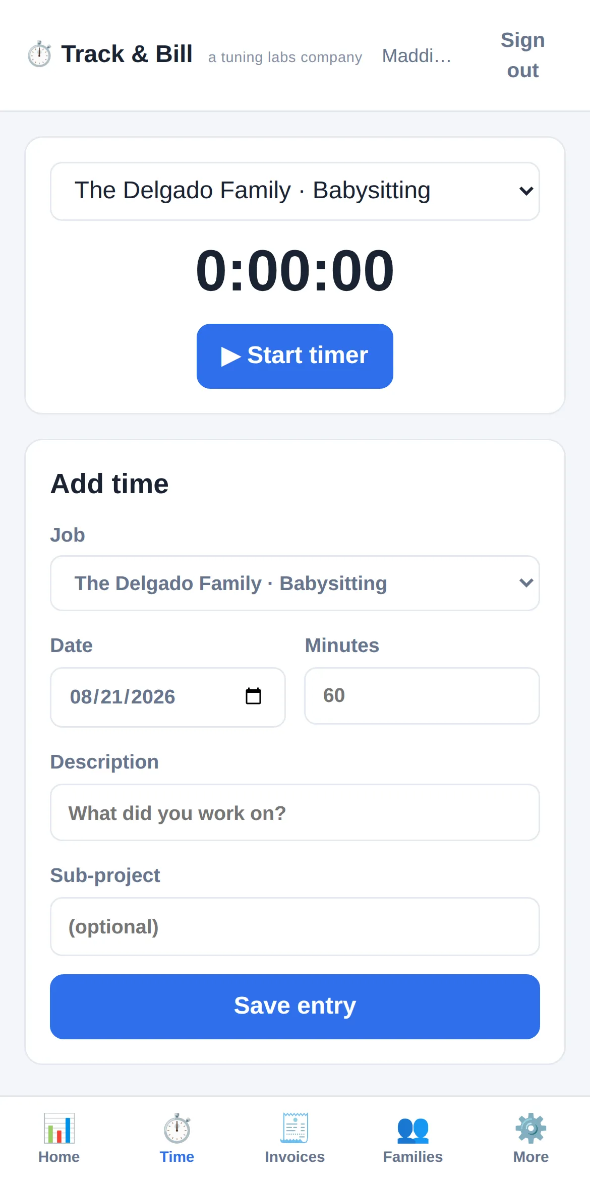Track & Bill time screen with logged sits and a running timer